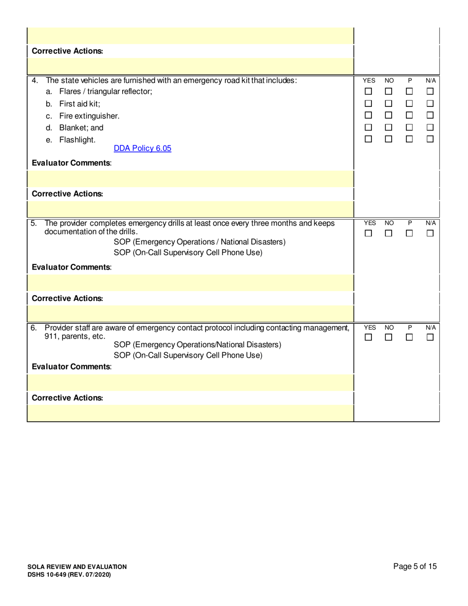 DSHS Form 10-649 Childrens State Operated Living Alternatives (Sola) Certificationevaluation - Washington, Page 5
