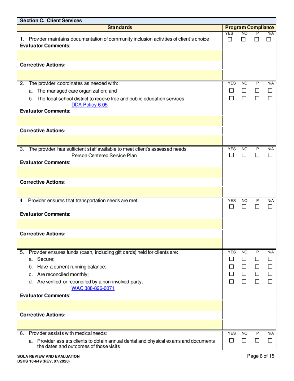 DSHS Form 10-649 Childrens State Operated Living Alternatives (Sola) Certificationevaluation - Washington, Page 6