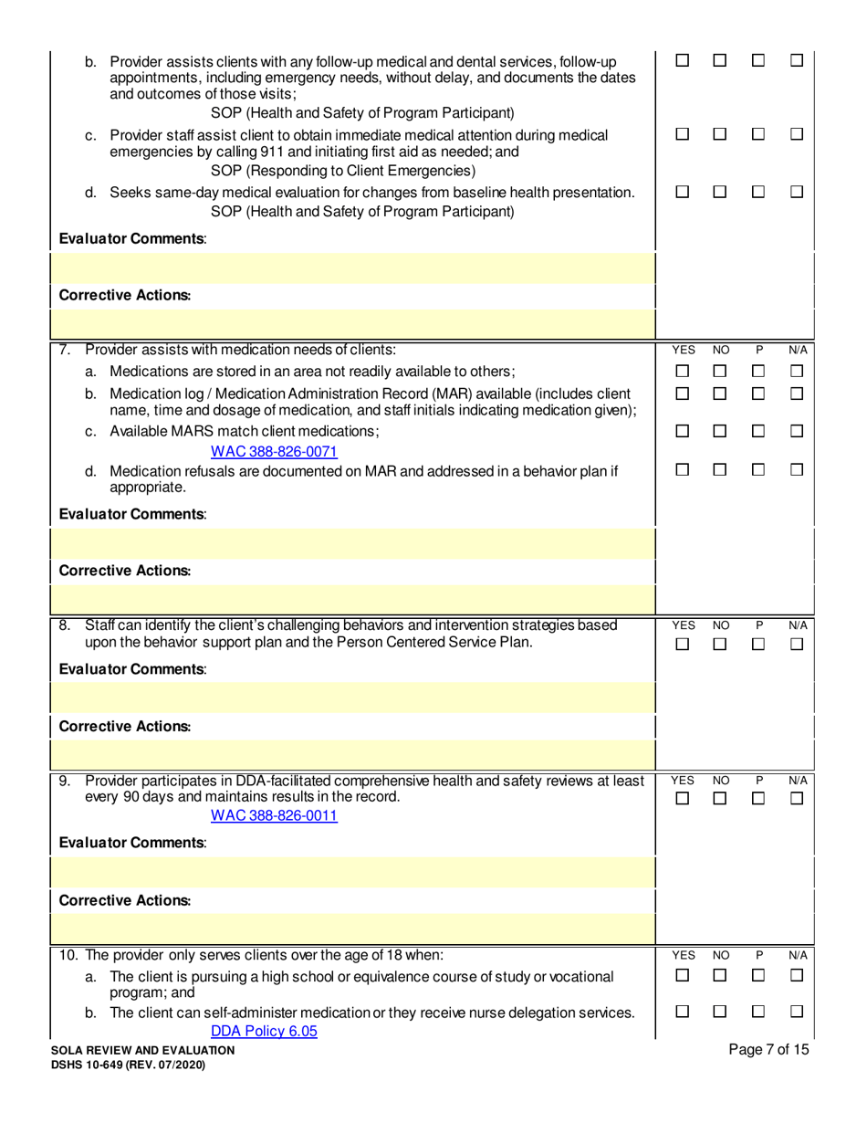 DSHS Form 10-649 Childrens State Operated Living Alternatives (Sola) Certificationevaluation - Washington, Page 7