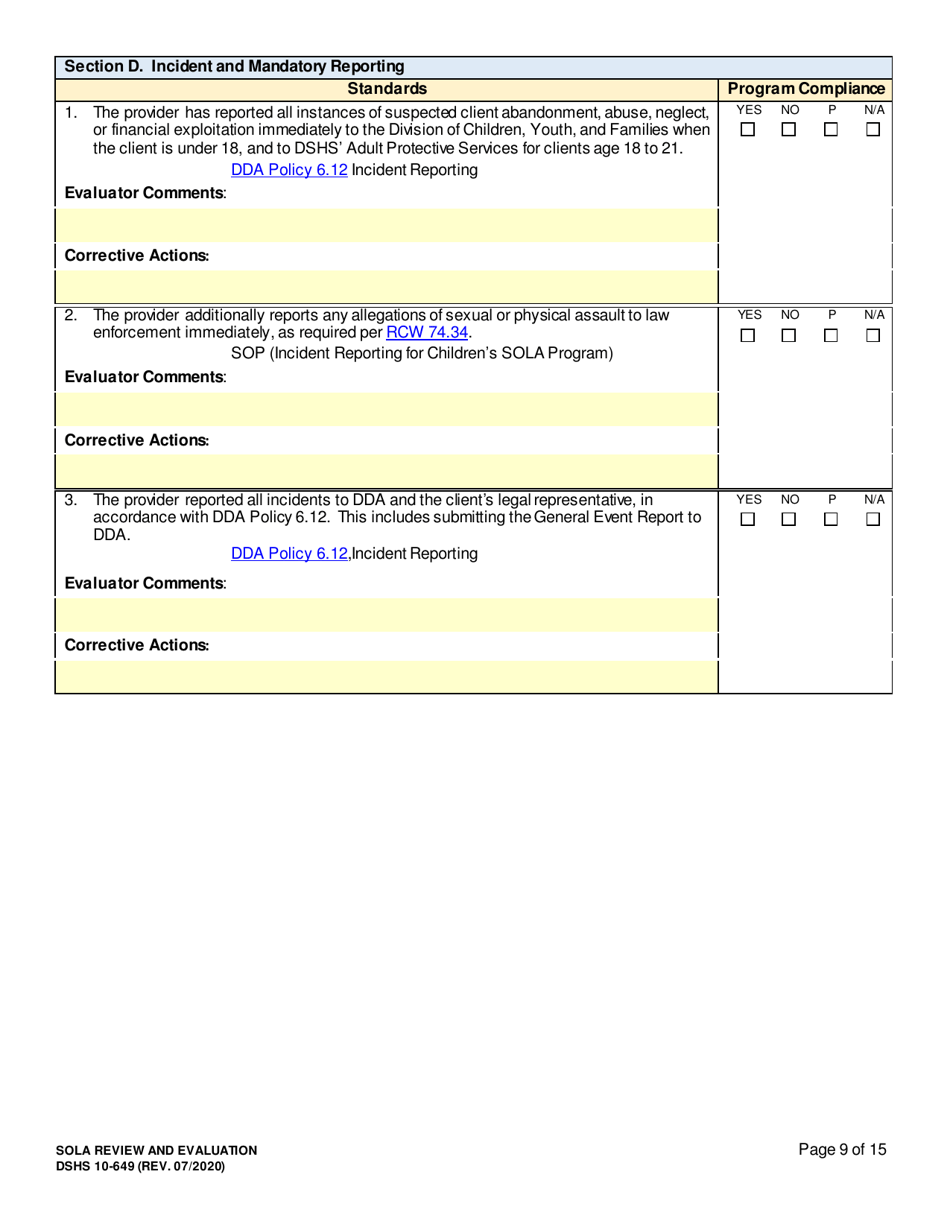 DSHS Form 10-649 Childrens State Operated Living Alternatives (Sola) Certificationevaluation - Washington, Page 9