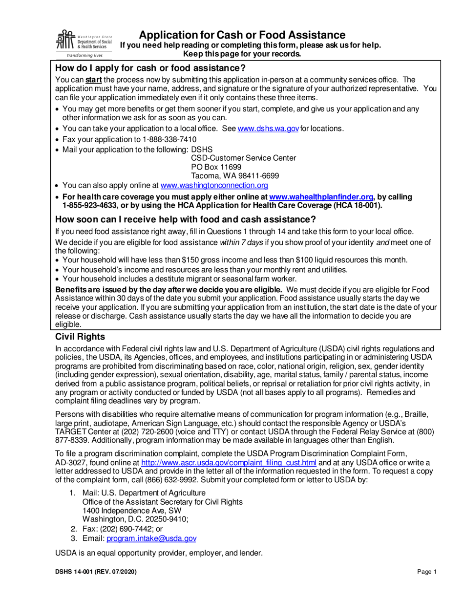 DSHS Form 14-001 Application for Cash or Food Assistance - Washington, Page 1