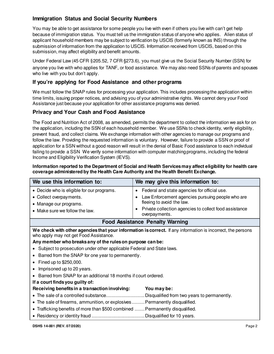 DSHS Form 14-001 Application for Cash or Food Assistance - Washington, Page 2