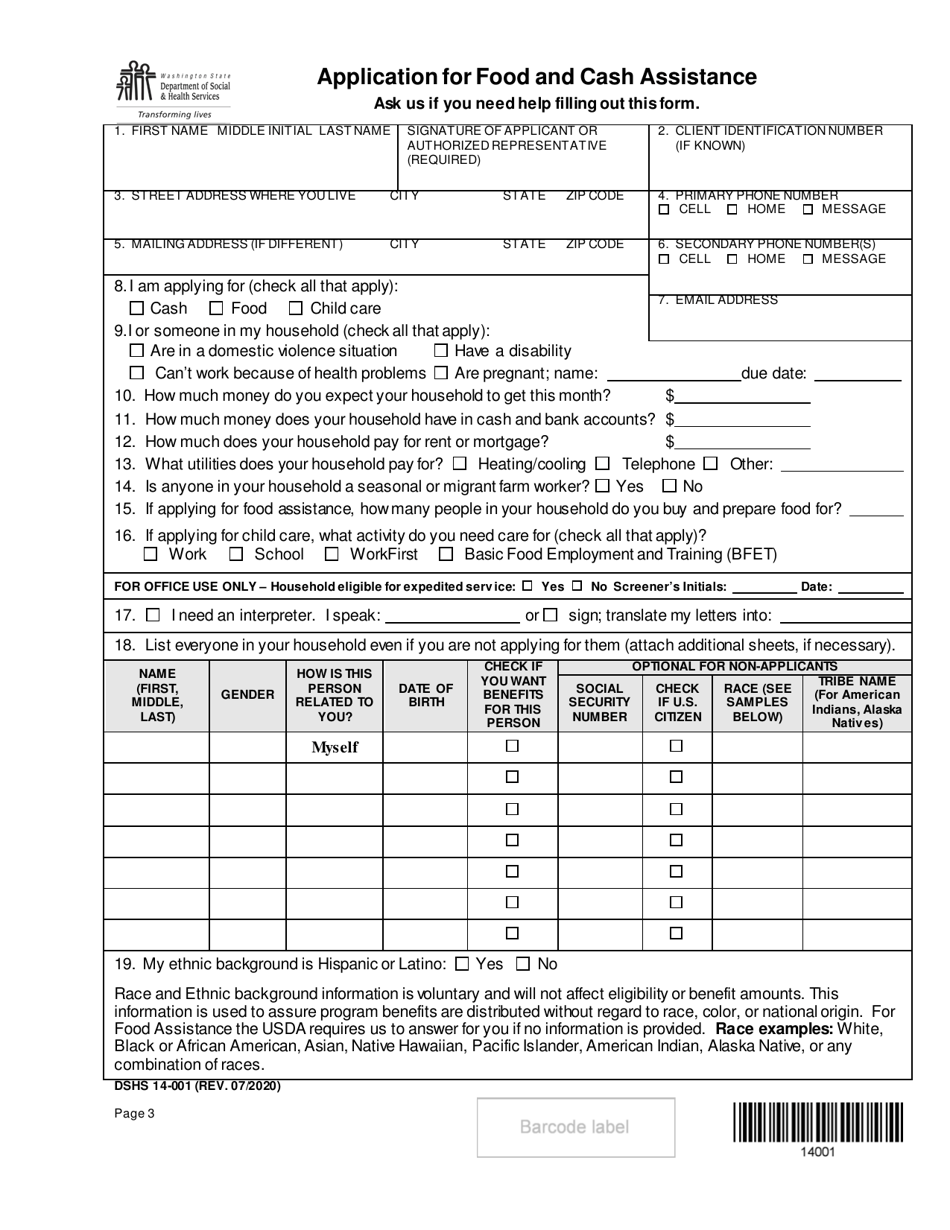DSHS Form 14-001 Application for Cash or Food Assistance - Washington, Page 3