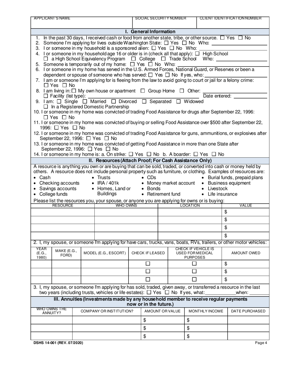 DSHS Form 14-001 Application for Cash or Food Assistance - Washington, Page 4