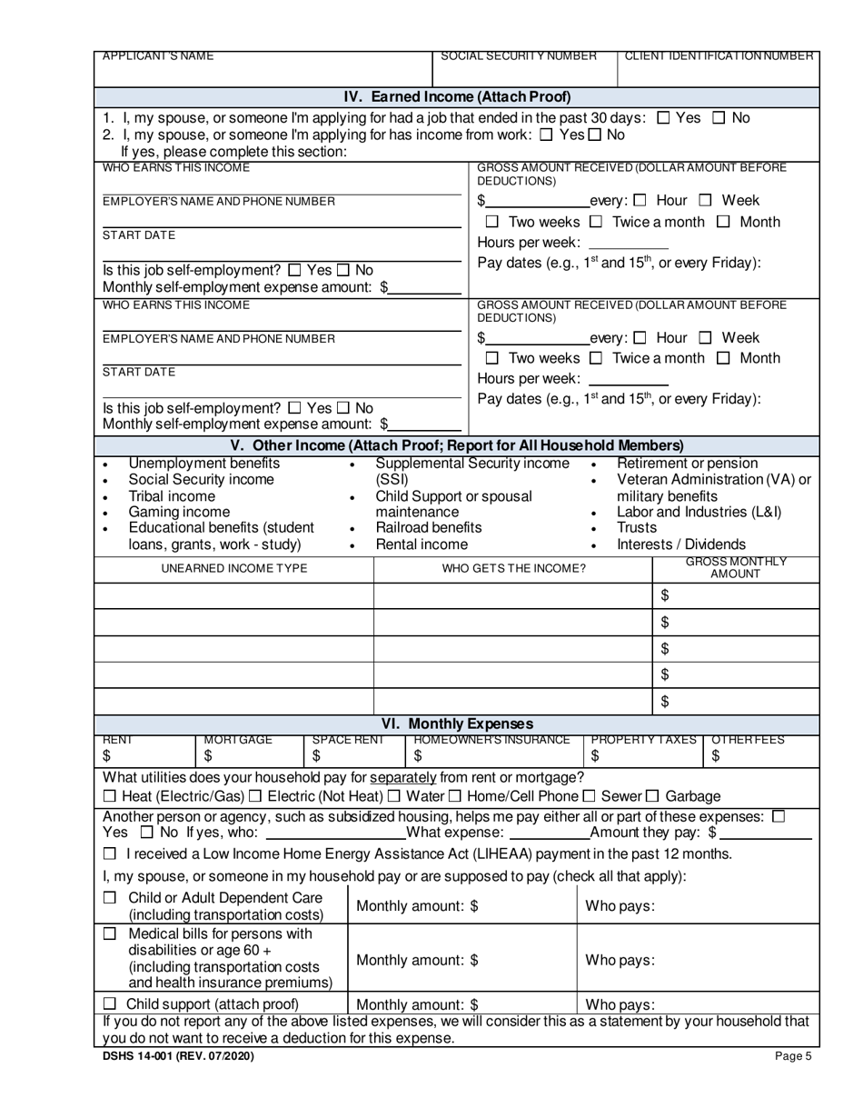 DSHS Form 14-001 Application for Cash or Food Assistance - Washington, Page 5