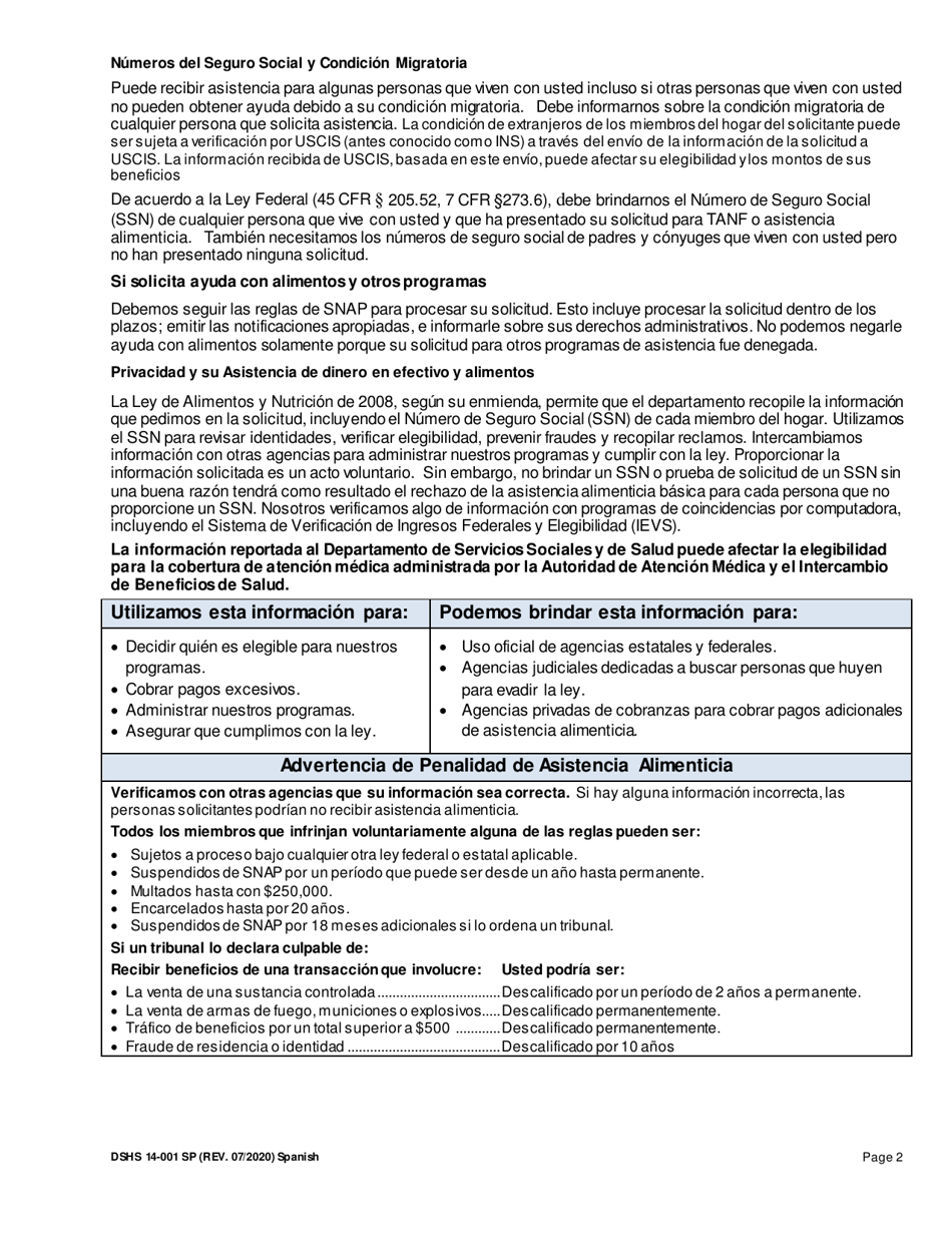 DSHS Formulario 14-001 Solicitud De Asistencia Alimenticia O De Dinero En Efectivo - Washington (Spanish), Page 2
