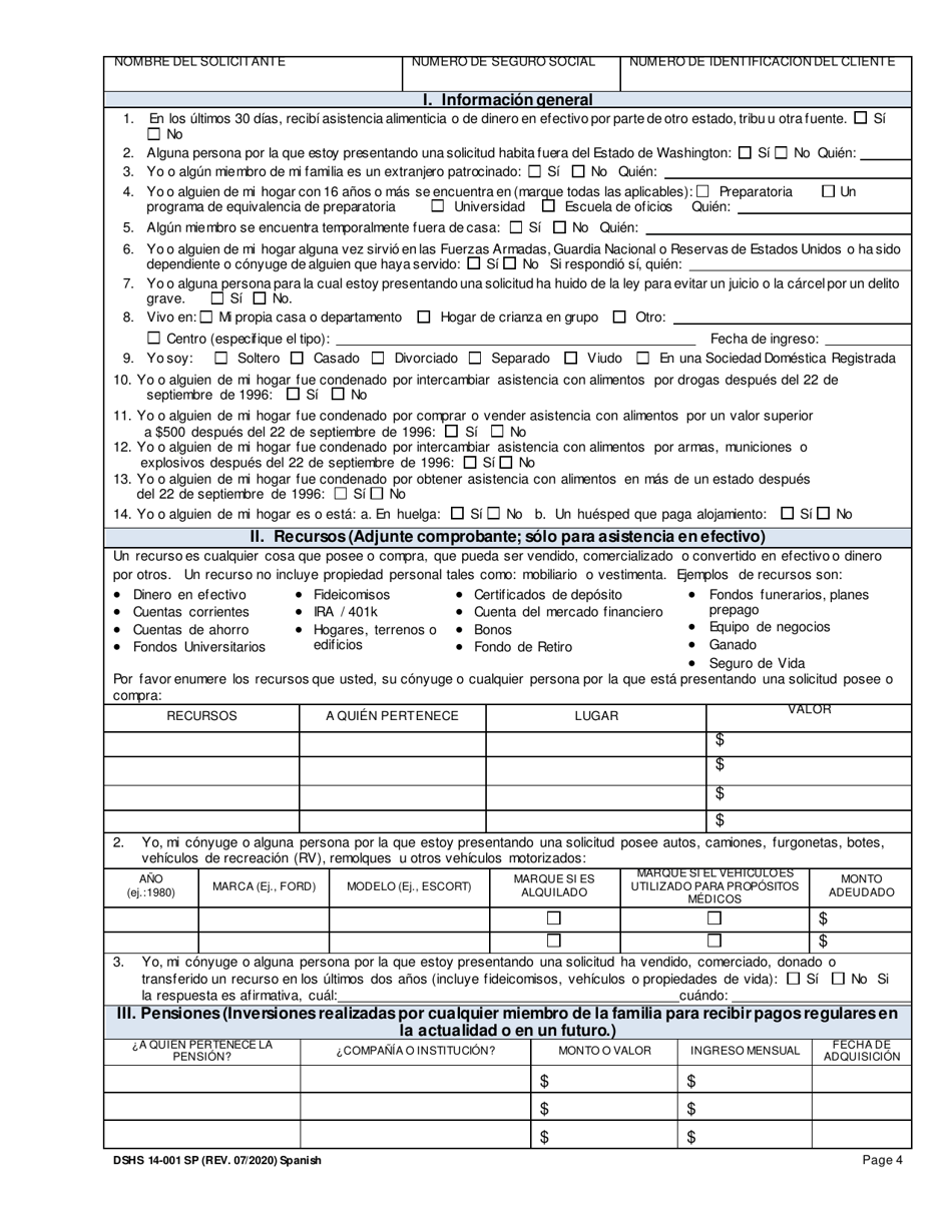 DSHS Formulario 14-001 Solicitud De Asistencia Alimenticia O De Dinero En Efectivo - Washington (Spanish), Page 4