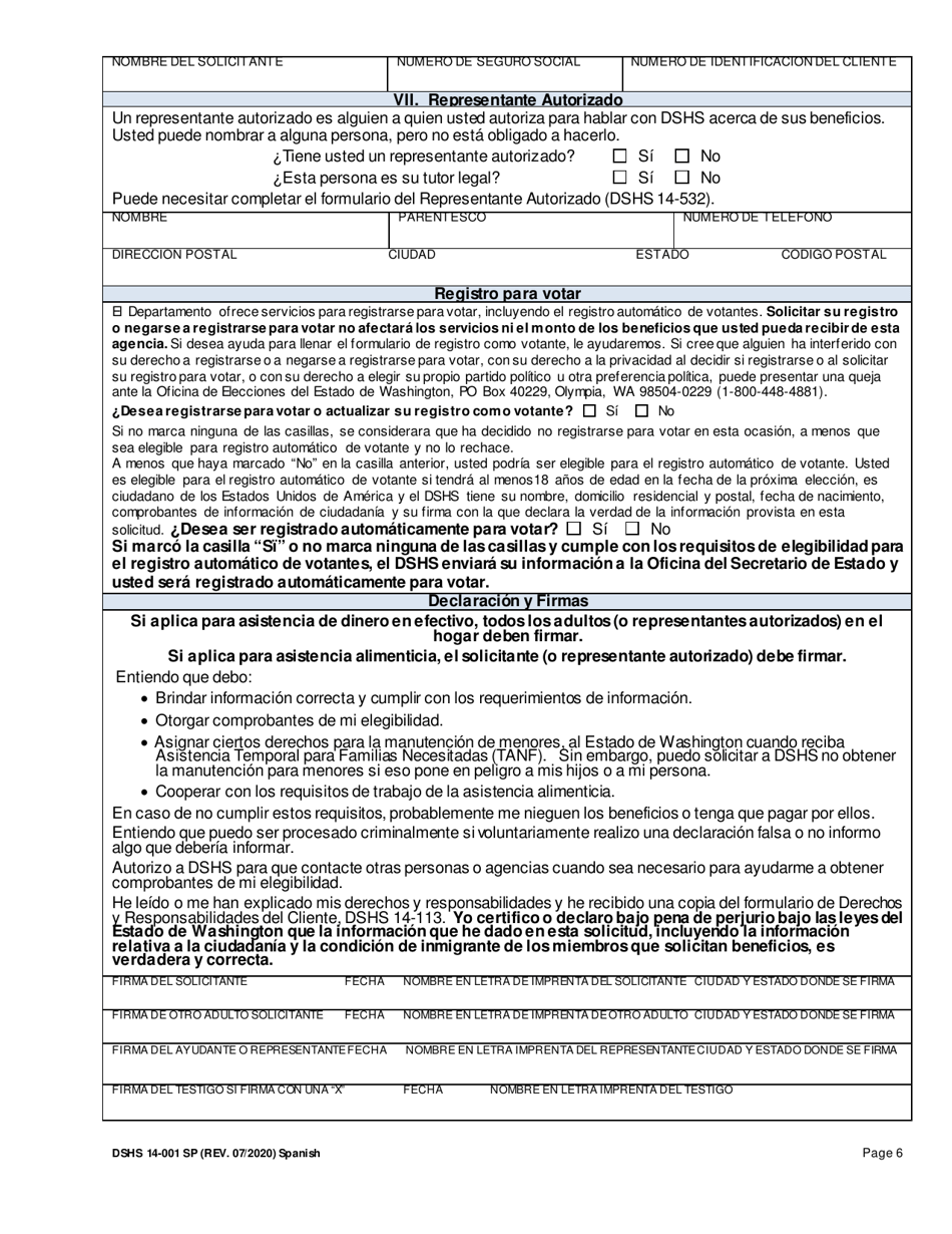 DSHS Formulario 14-001 Solicitud De Asistencia Alimenticia O De Dinero En Efectivo - Washington (Spanish), Page 6