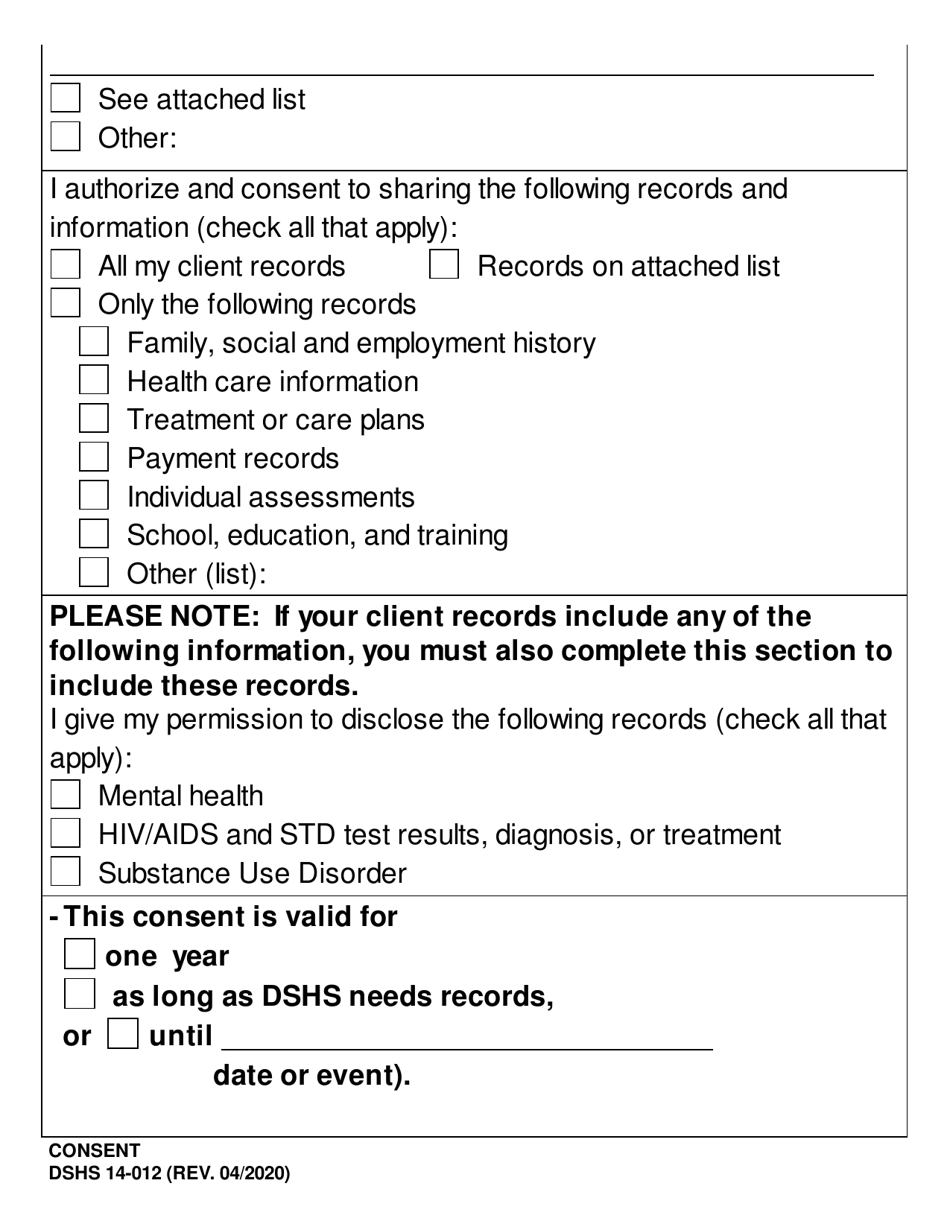 DSHS Form 14-012 Consent (Large Print) - Washington, Page 3
