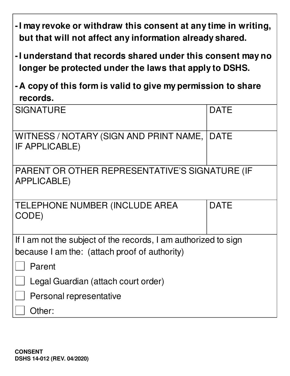 DSHS Form 14-012 Consent (Large Print) - Washington, Page 4