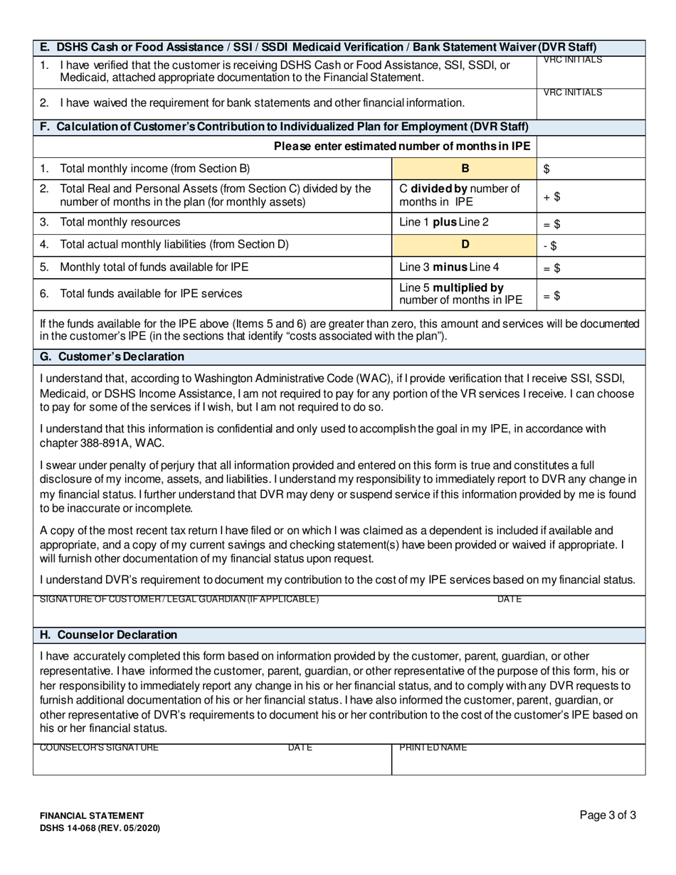 DSHS Form 14-068 Financial Statement - Washington, Page 3