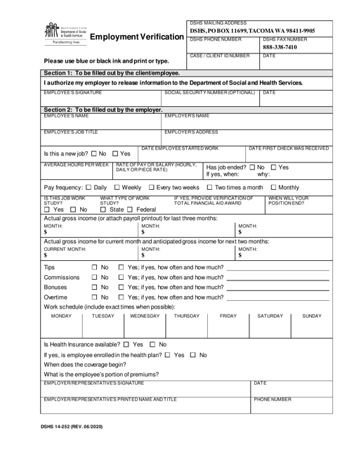 DSHS Form 14-252 Employment Verification - Washington