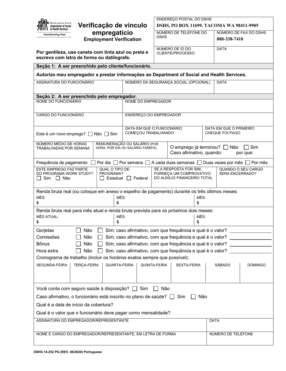 DSHS Form 14-252 Employment Verification - Washington (Portuguese), Page 1