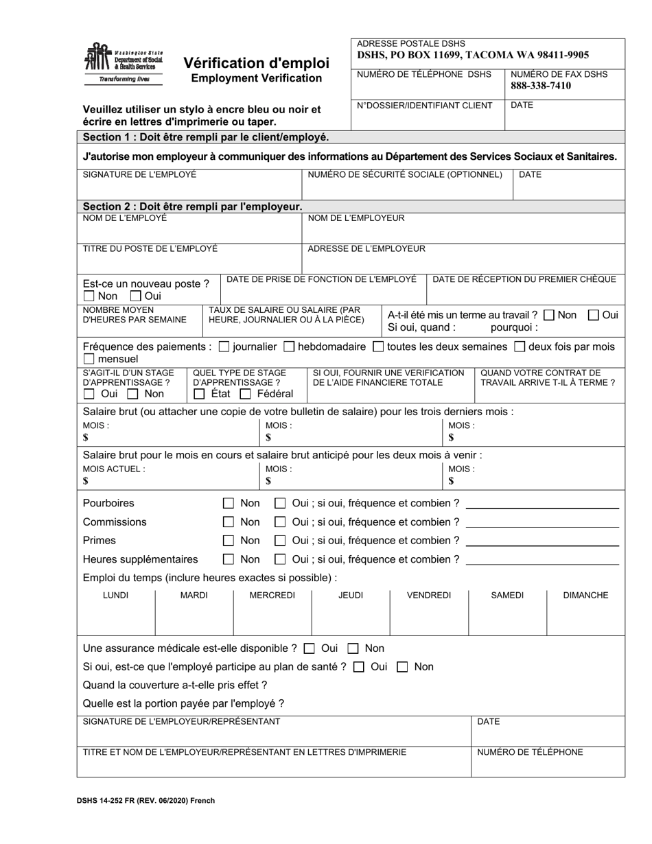 DSHS Form 14-252 Employment Verification - Washington (French), Page 1