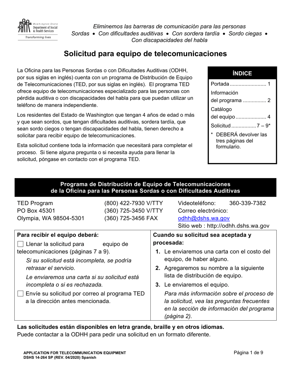 DSHS Formulario 14-264 Solicitud Para Equipo De Telecomunicaciones - Washington (Spanish), Page 1