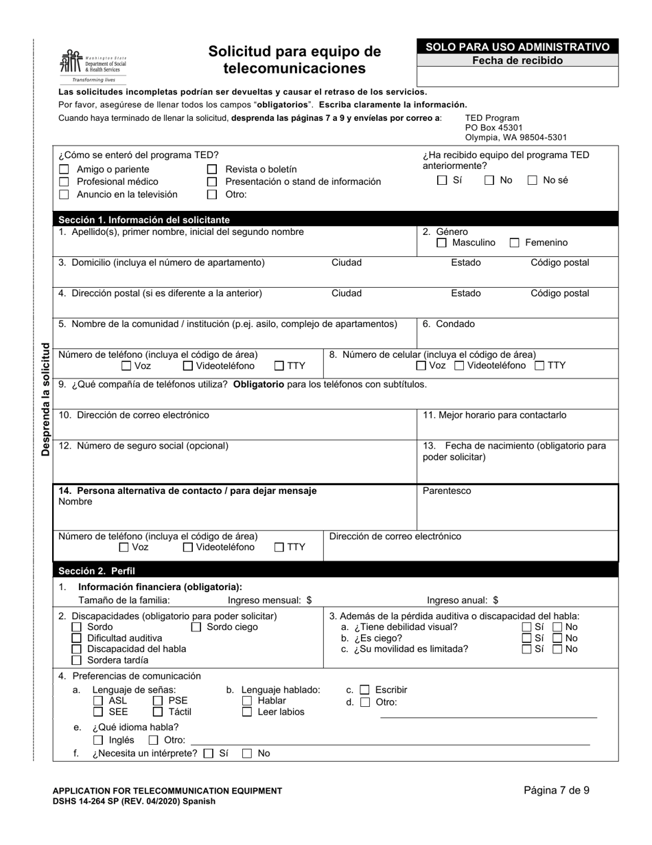 DSHS Formulario 14-264 Solicitud Para Equipo De Telecomunicaciones - Washington (Spanish), Page 7