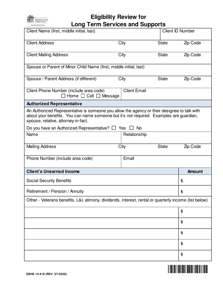 DSHS Form 14-416 Eligibility Review for Long Term Services and Supports - Washington, Page 1