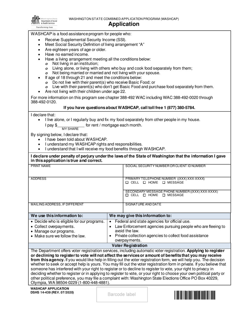 DSHS Form 14-439 Washington State Combined Application Program (Washcap) Application - Washington, Page 1