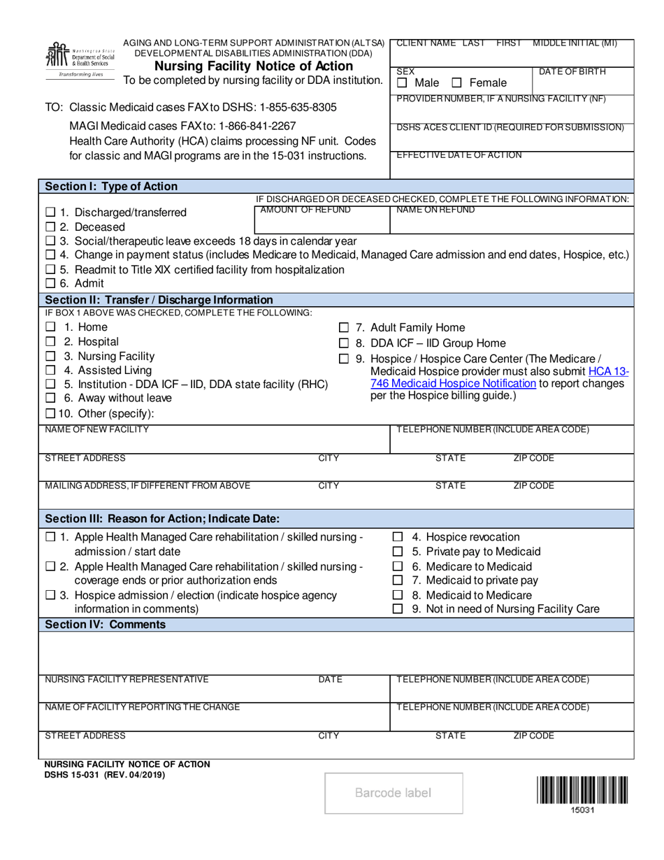 DSHS Form 15-031 Nursing Facility Notice of Action - Washington, Page 1
