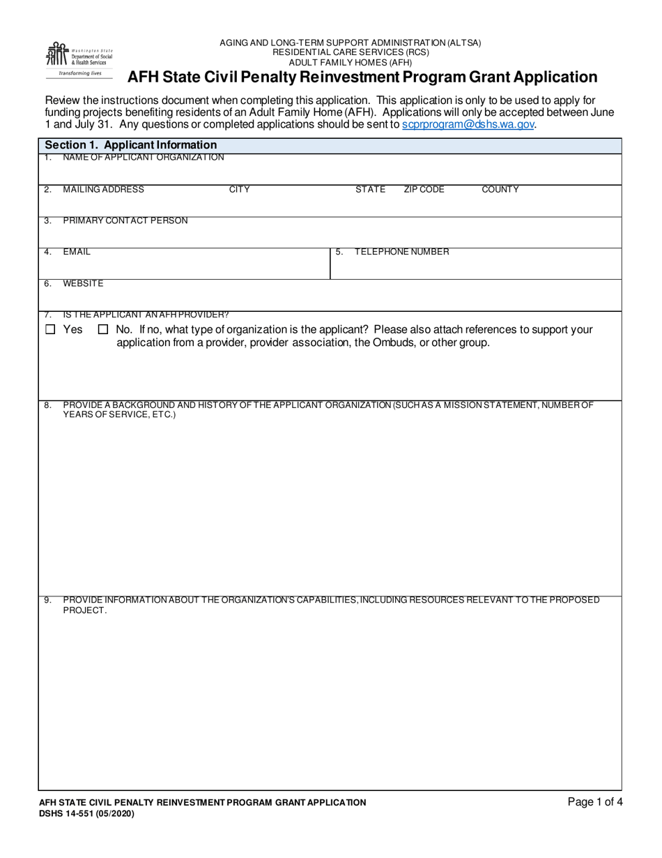 DSHS Form 14-551 Afh State Civil Penalty Reinvestment Program Grant Application - Washington, Page 1
