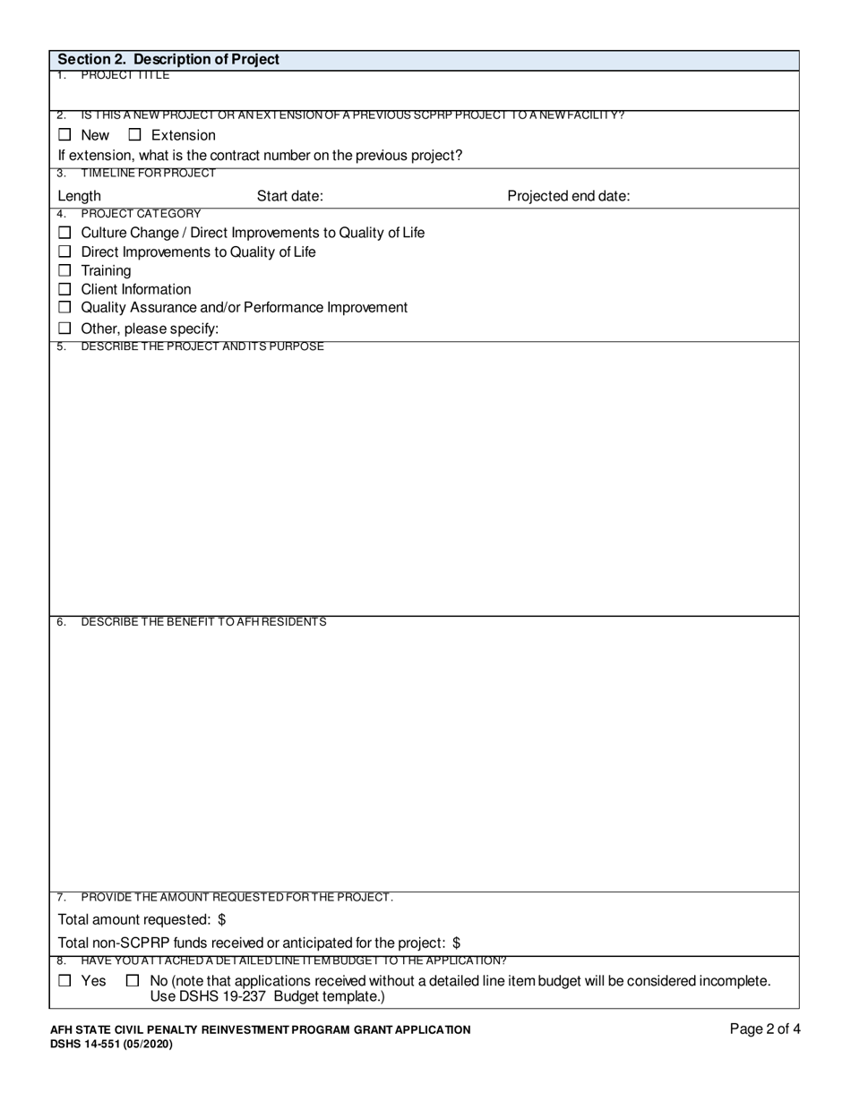DSHS Form 14-551 Afh State Civil Penalty Reinvestment Program Grant Application - Washington, Page 2