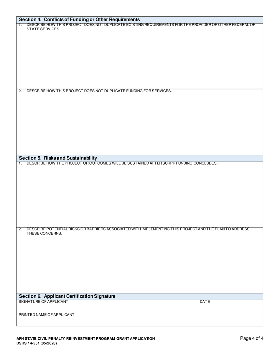 DSHS Form 14-551 Afh State Civil Penalty Reinvestment Program Grant Application - Washington, Page 4