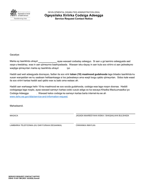 DSHS Form 15-501 Service Request Contact Notice - Washington (Somali)