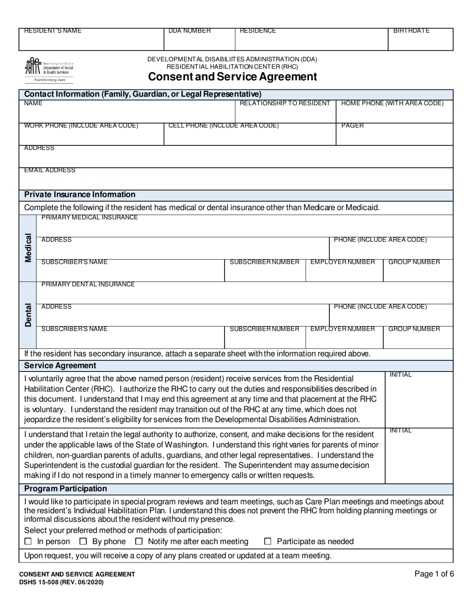 DSHS Form 15-508 Consent and Service Agreement (Developmental Disabilities Administration) - Washington, Page 1