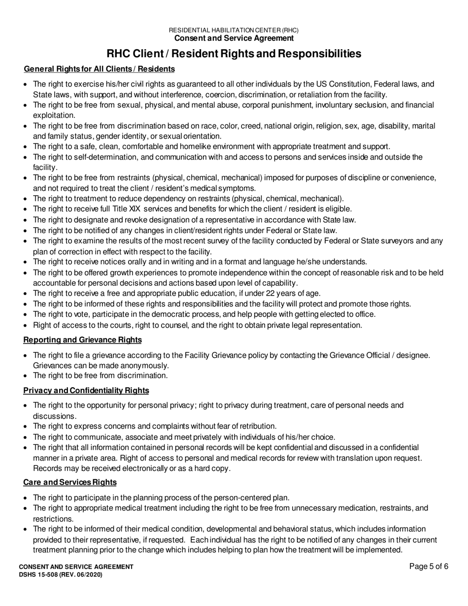 DSHS Form 15-508 Consent and Service Agreement (Developmental Disabilities Administration) - Washington, Page 5