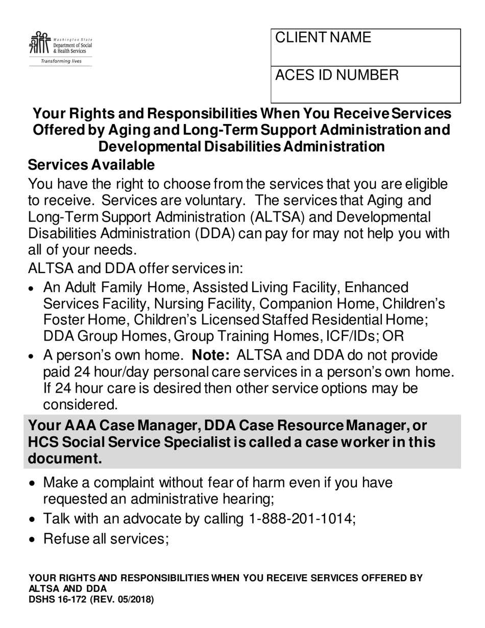 DSHS Form 16-172 Your Rights and Responsibilities When You Receive Services Offered by Aging and Disability Services Administration and Developmental Disabilities Administration (Large Print) - Washington, Page 1