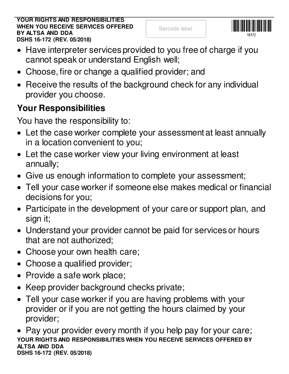 DSHS Form 16-172 Your Rights and Responsibilities When You Receive Services Offered by Aging and Disability Services Administration and Developmental Disabilities Administration (Large Print) - Washington, Page 2