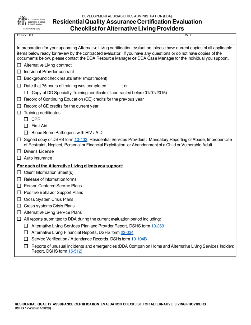 DSHS Form 17-296 Residential Quality Assurance Certification Evaluation Checklist for Alternative Living Providers (Developmental Disabilities Administration) - Washington, Page 1