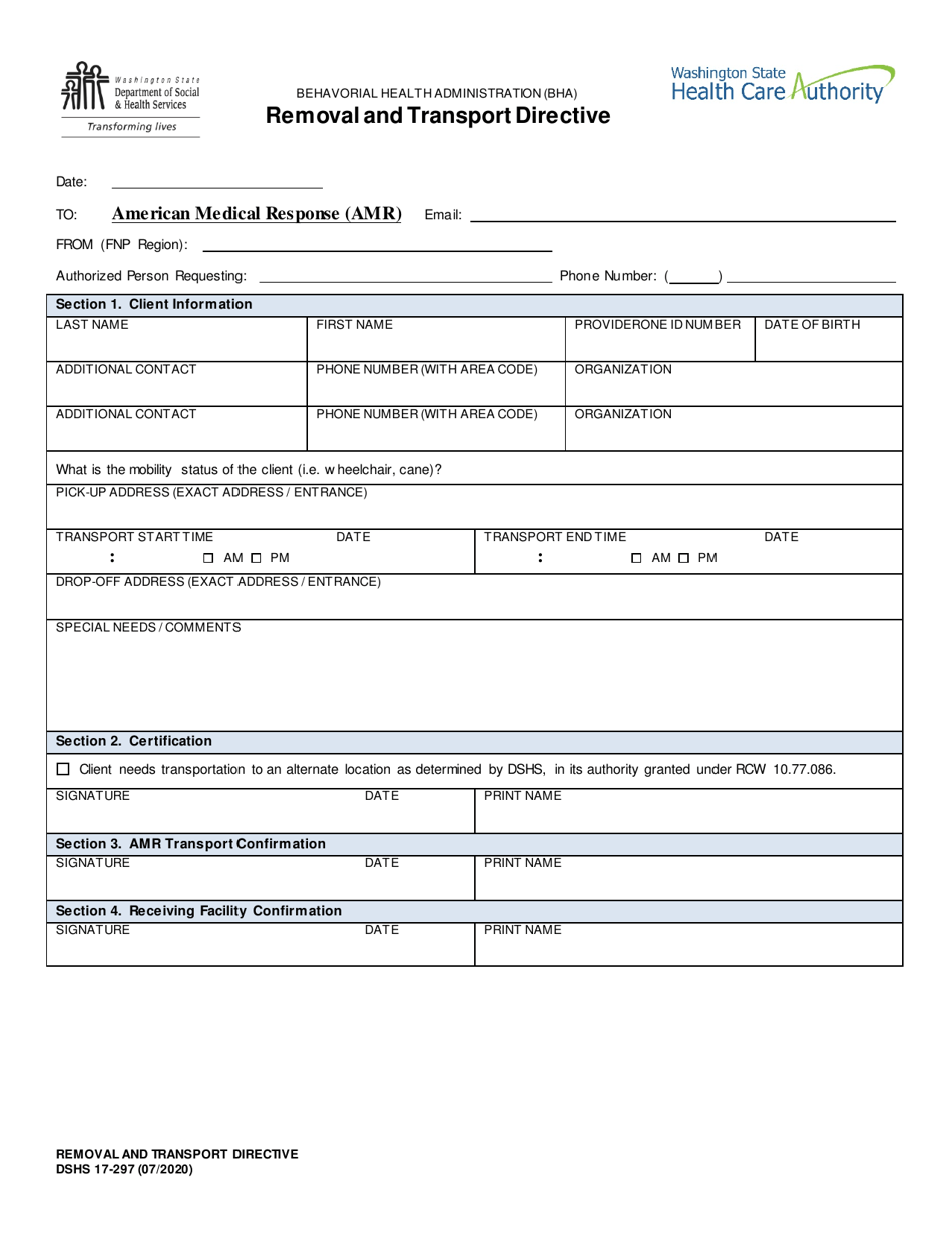 DSHS Form 17-297 Removal and Transport Directive (Behavioral Health Administration) - Washington, Page 1