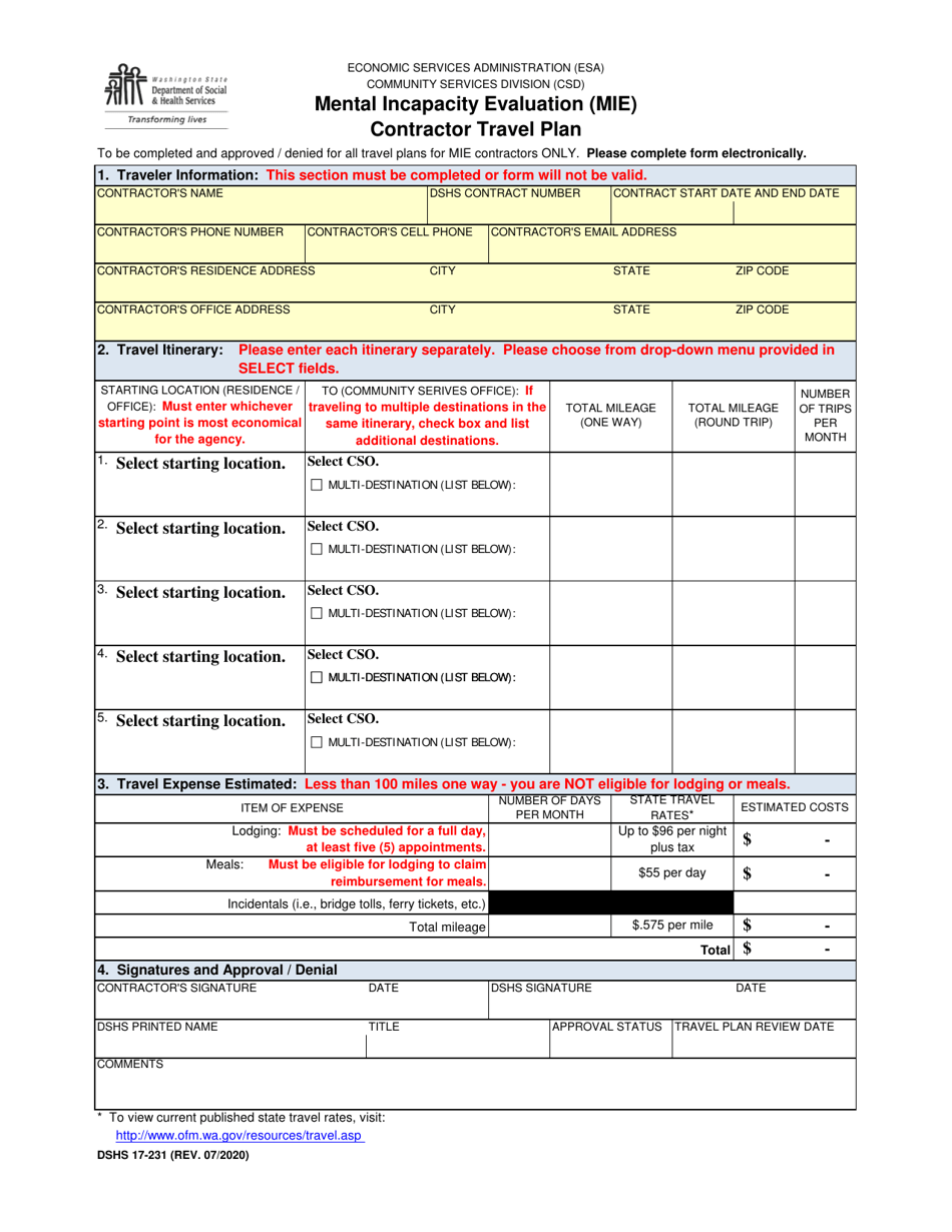 DSHS Form 17-231 Mental Incapacity Evaluation (Mie) Contractor Travel Plan - Washington, Page 1