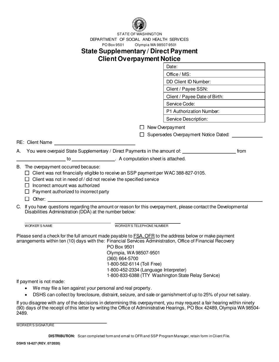 DSHS Form 18-627 SSP Client Overpayment Notice (State Supplementary Program) - Washington, Page 1