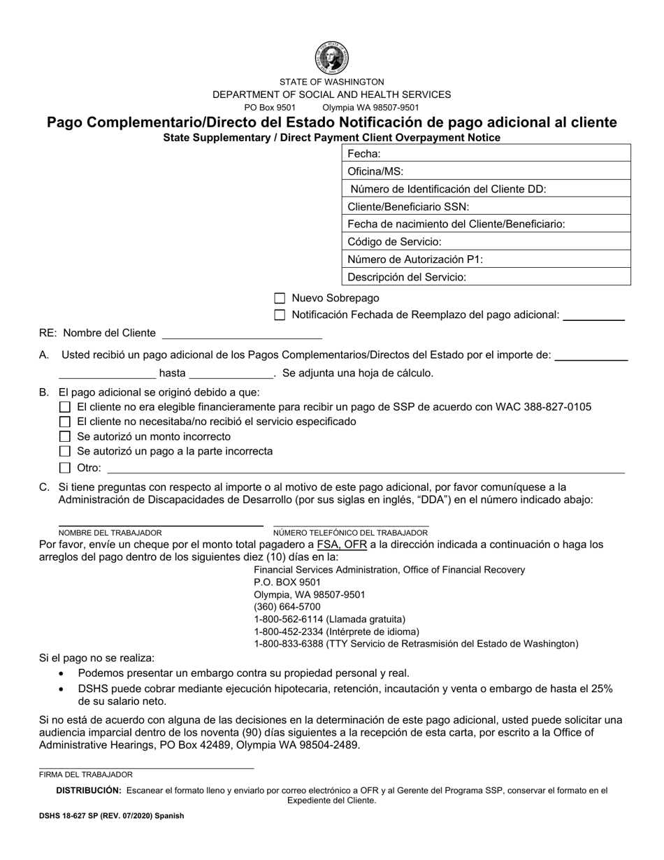 DSHS Formulario 18-627 Pago Complementario / Directo Del Estado Notificacion De Pago Adicional Al Cliente - Washington (Spanish), Page 1