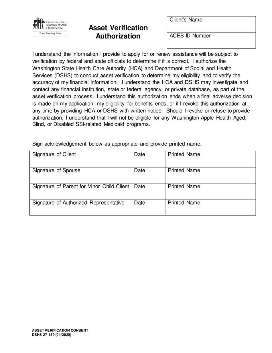 DSHS Form 27-189 Asset Verification Authorization (Home and Community Services) - Washington, Page 1