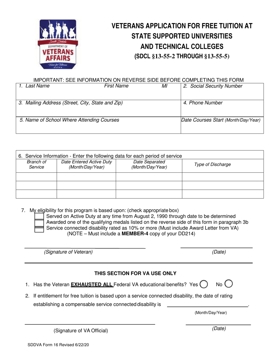SDDVA Form 16 Veterans Application for Free Tuition at State Supported Universities and Technical Colleges - South Dakota, Page 1