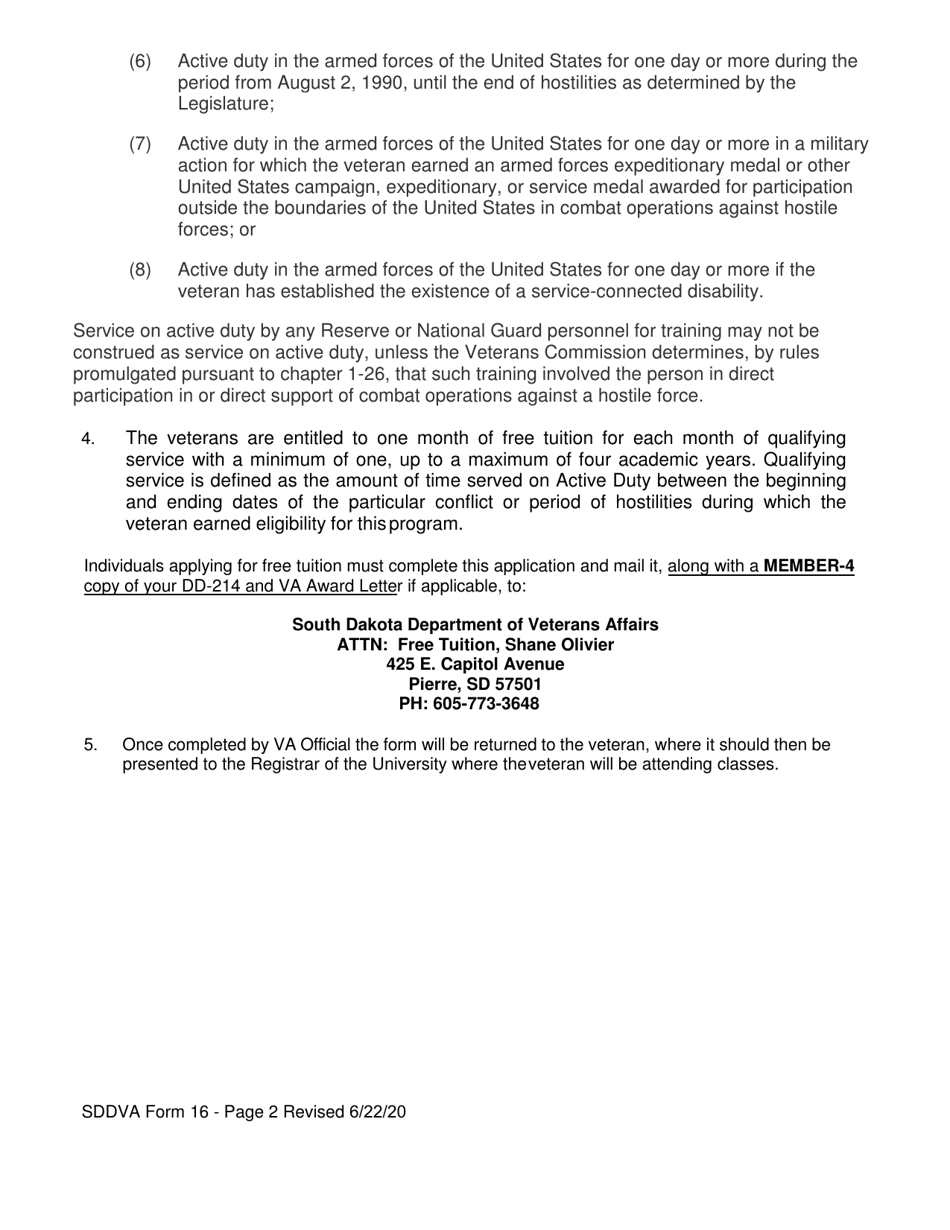 SDDVA Form 16 Veterans Application for Free Tuition at State Supported Universities and Technical Colleges - South Dakota, Page 3