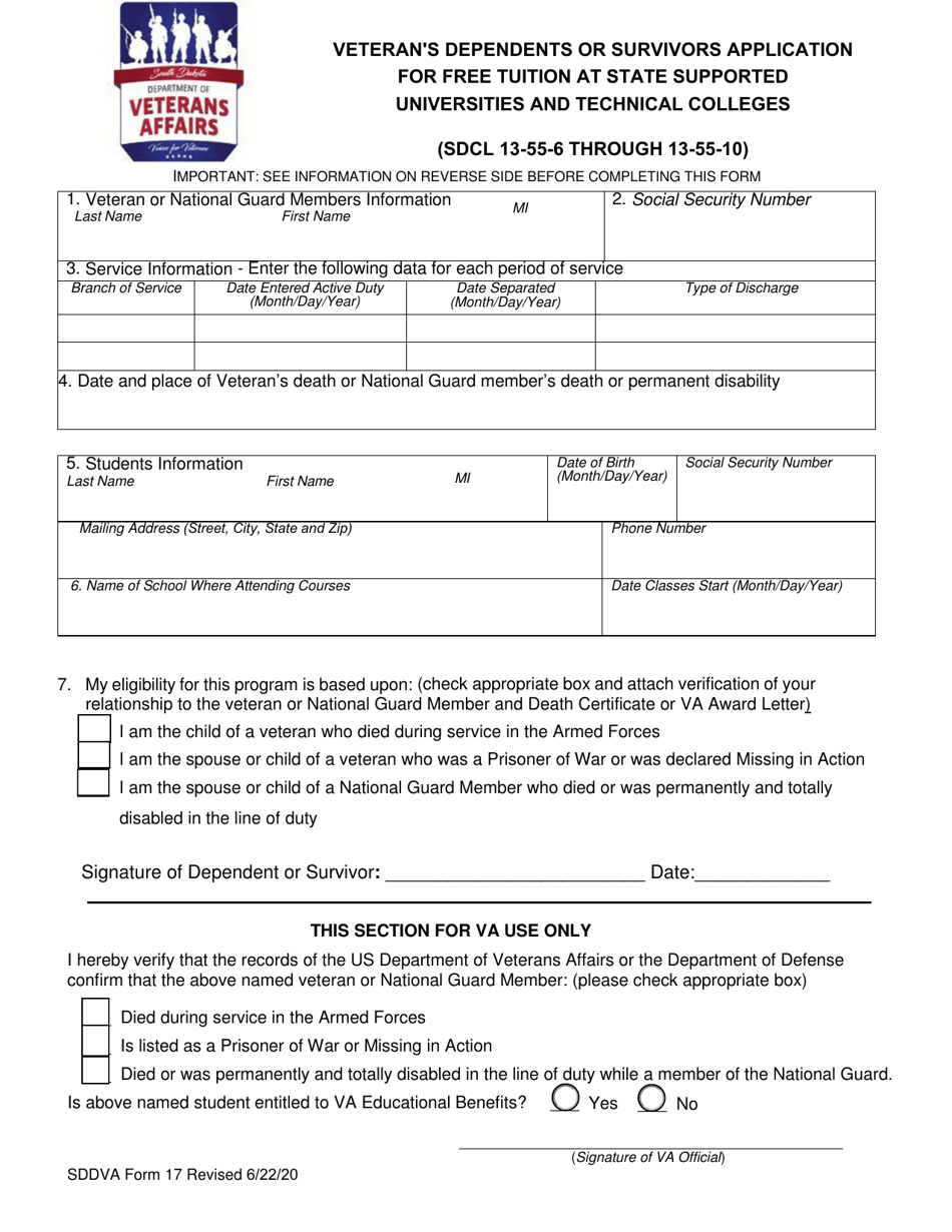 SDDVA Form 17 Veterans Dependents or Survivors Application for Free Tuition at State Supported Universities and Technical Colleges - South Dakota, Page 1