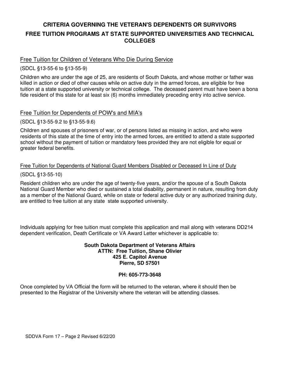 SDDVA Form 17 Veterans Dependents or Survivors Application for Free Tuition at State Supported Universities and Technical Colleges - South Dakota, Page 2