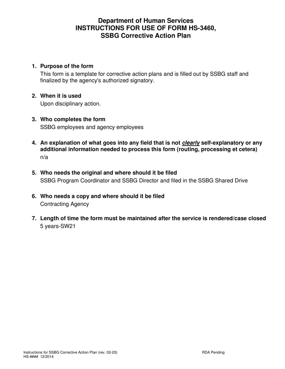 Instructions for Form HS-3460 Ssbg Corrective Action Plan - Tennessee, Page 1