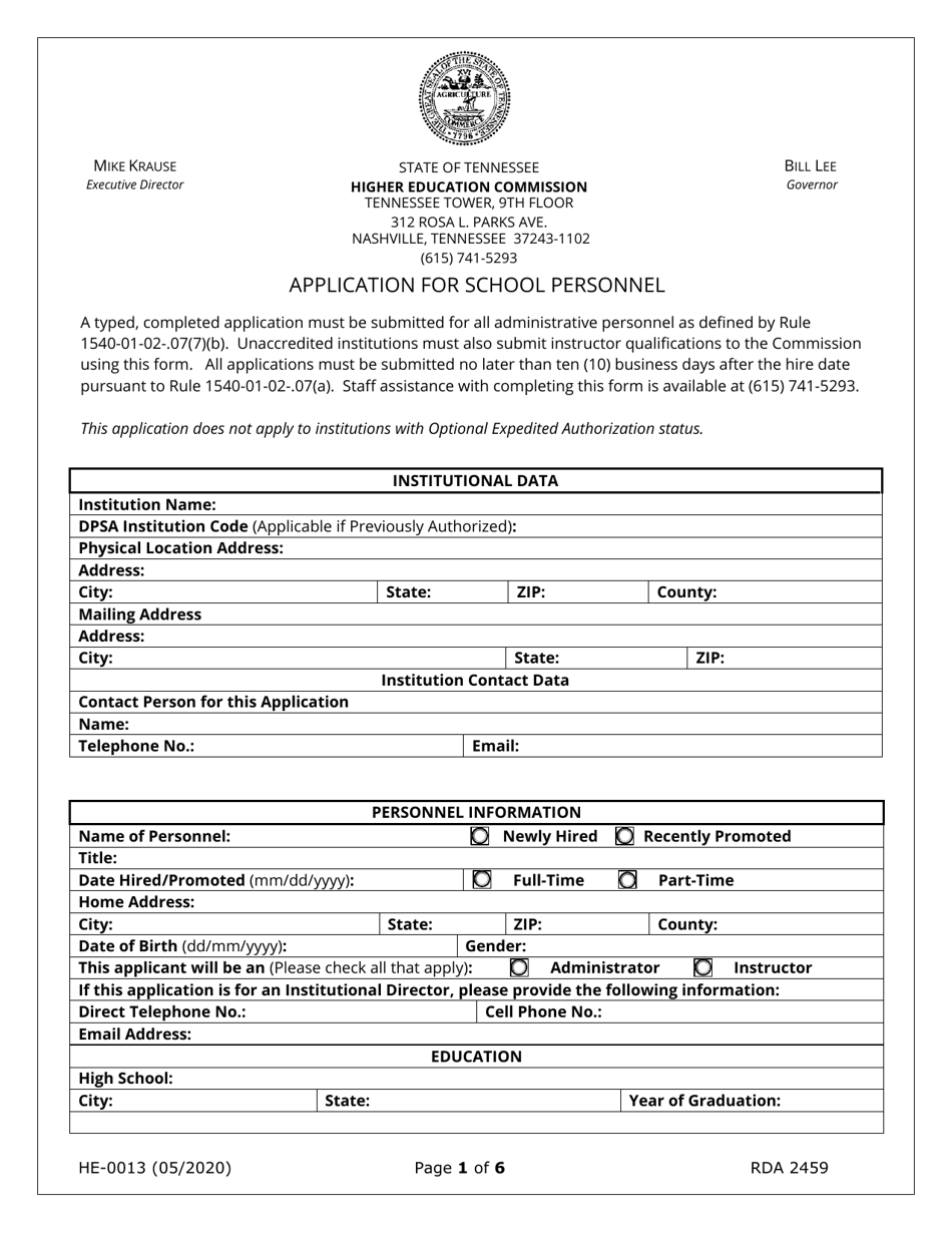 Form HE-0013 Application for School Personnel - Tennessee, Page 1