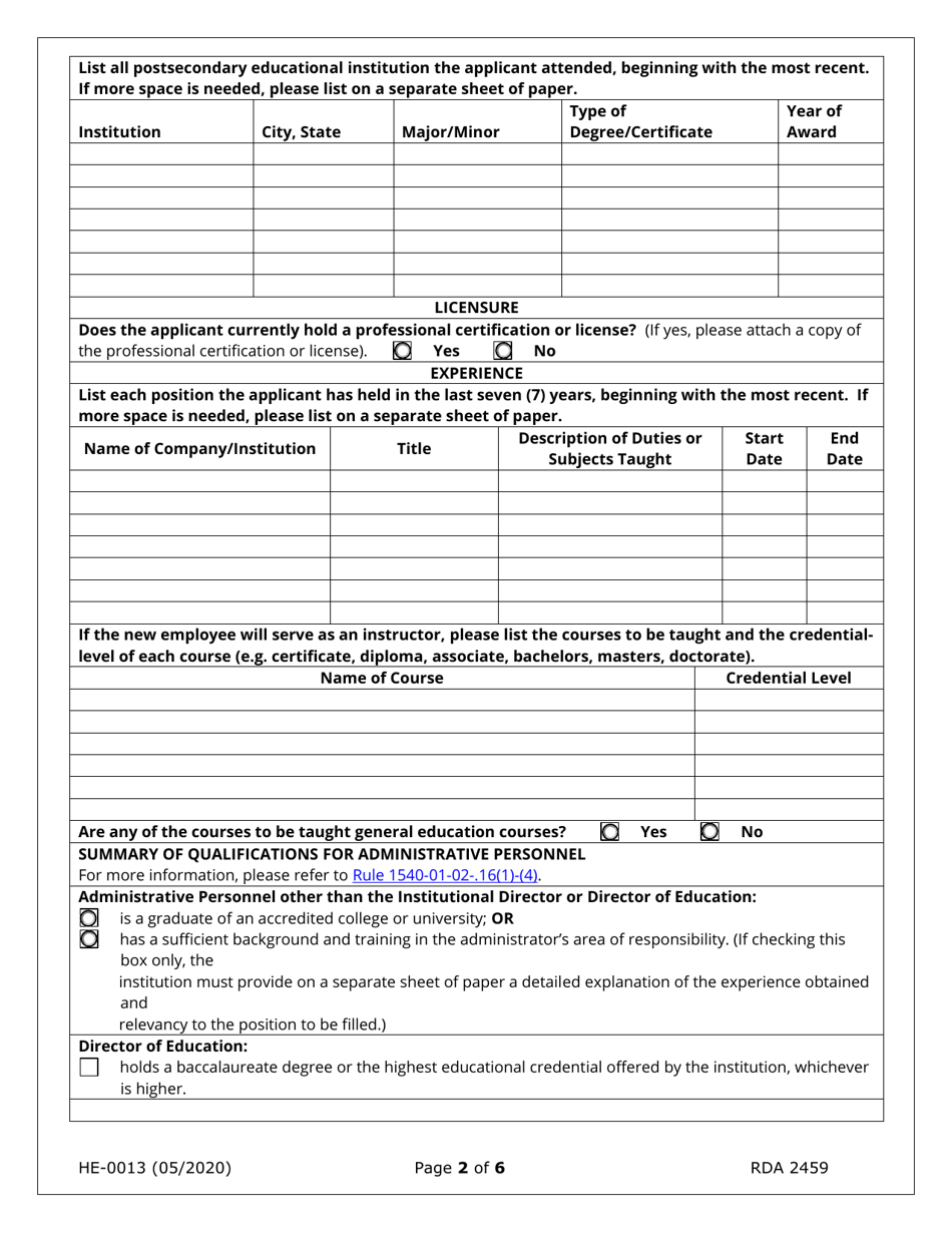 Form HE-0013 Application for School Personnel - Tennessee, Page 2