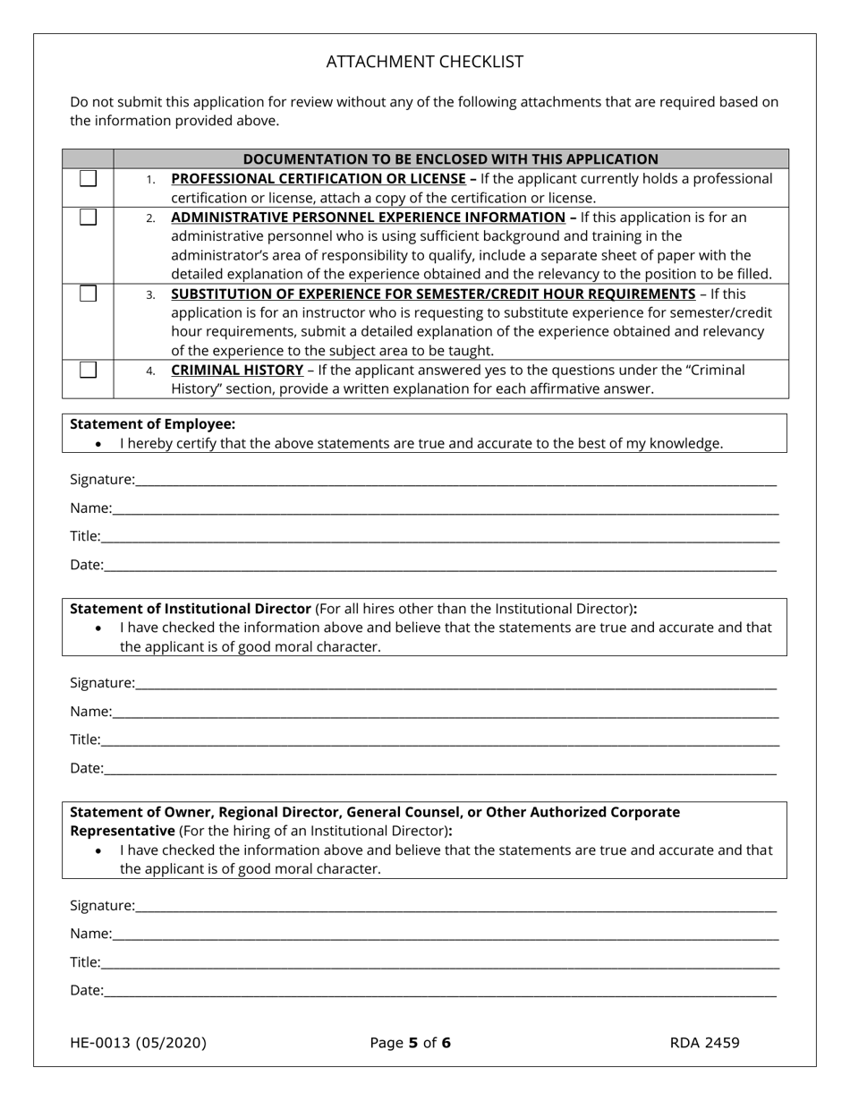 Form HE-0013 Application for School Personnel - Tennessee, Page 5