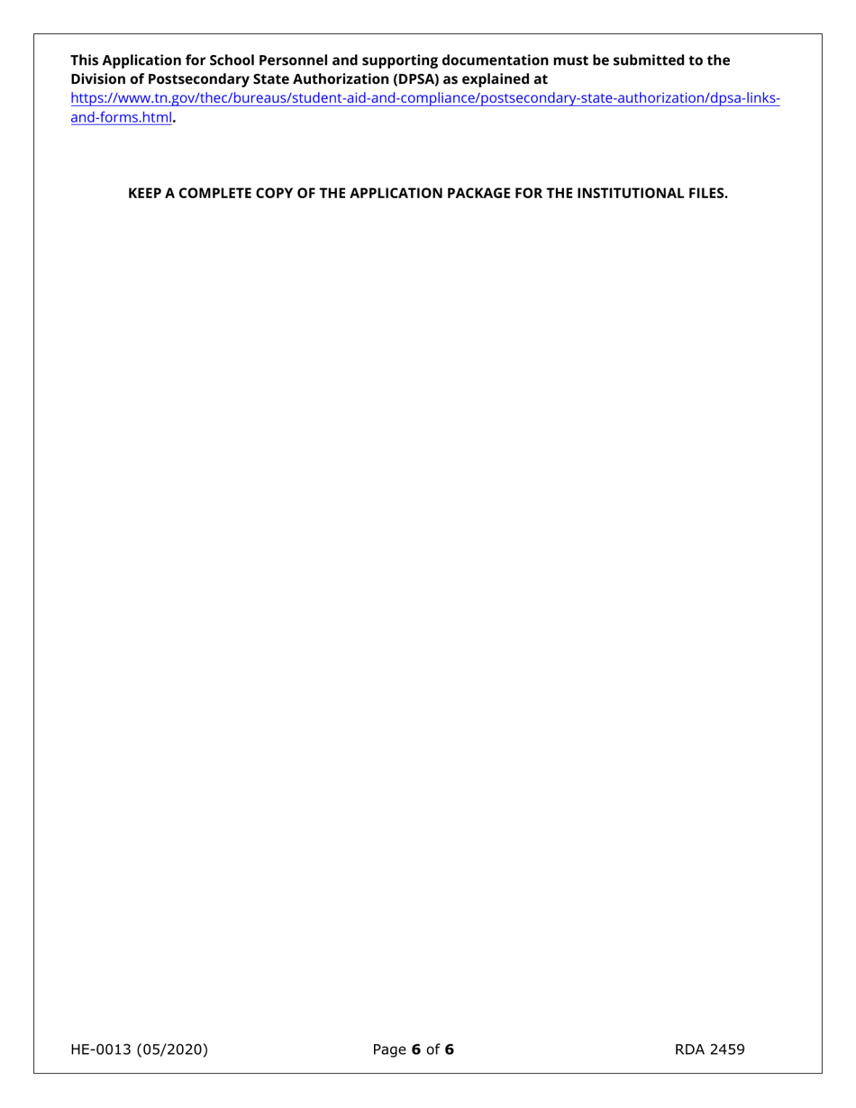 Form HE-0013 Application for School Personnel - Tennessee, Page 6