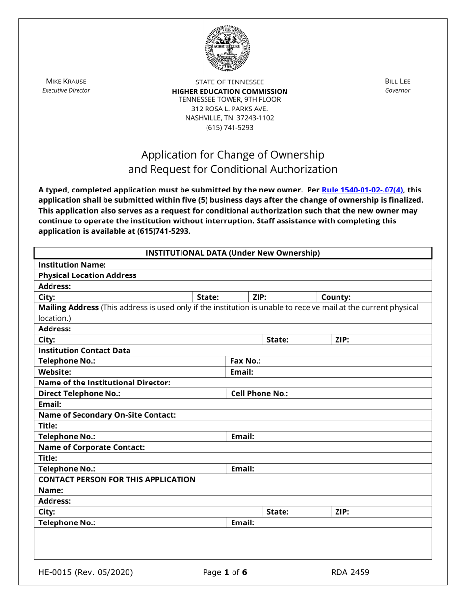 Form HE-0015 Application for Change of Ownership and Request for Conditional Authorization - Tennessee, Page 1