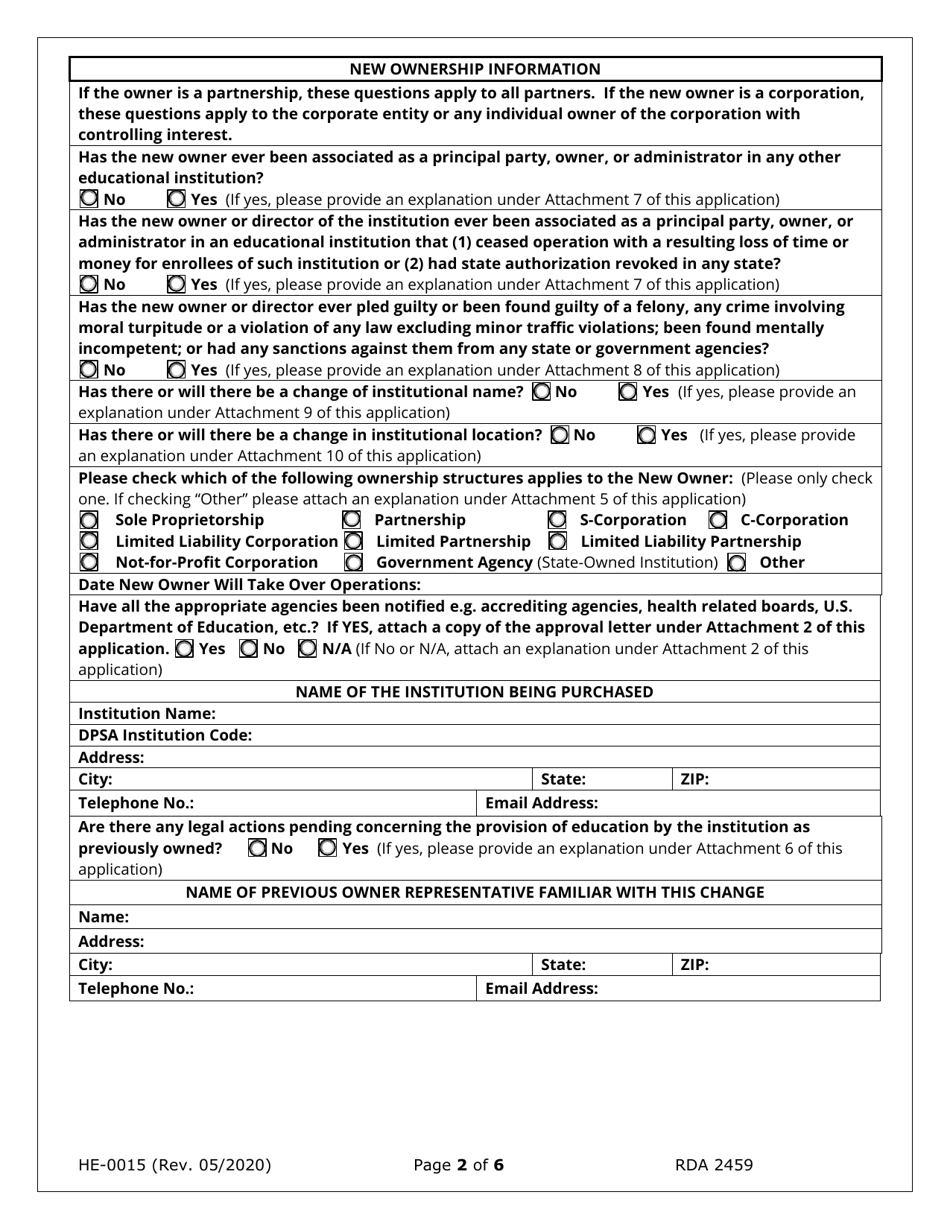 Form HE-0015 Application for Change of Ownership and Request for Conditional Authorization - Tennessee, Page 2