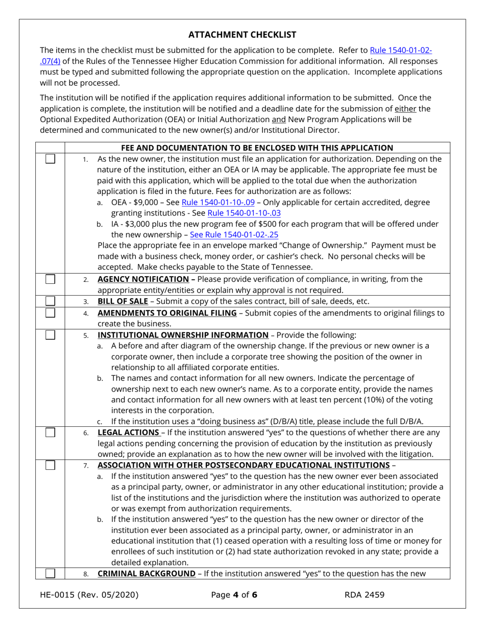 Form HE-0015 Application for Change of Ownership and Request for Conditional Authorization - Tennessee, Page 4