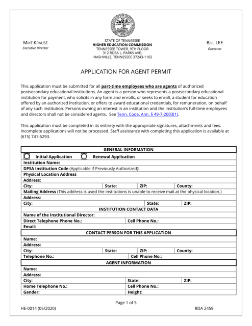 Form HE-0014 Application for Agent Permit - Tennessee